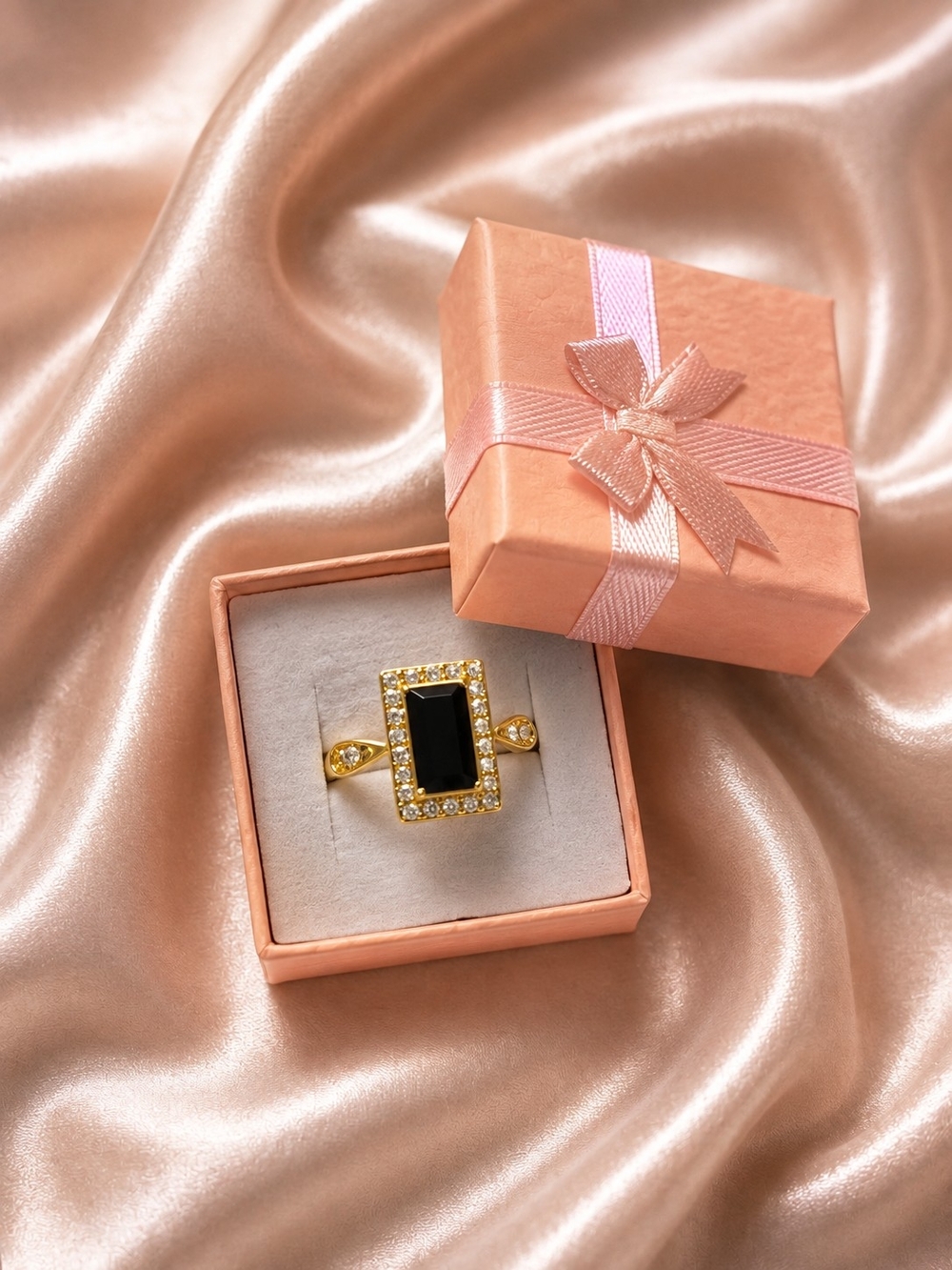 Gold Ring with Black Rectangle Stone and Diamond Halo